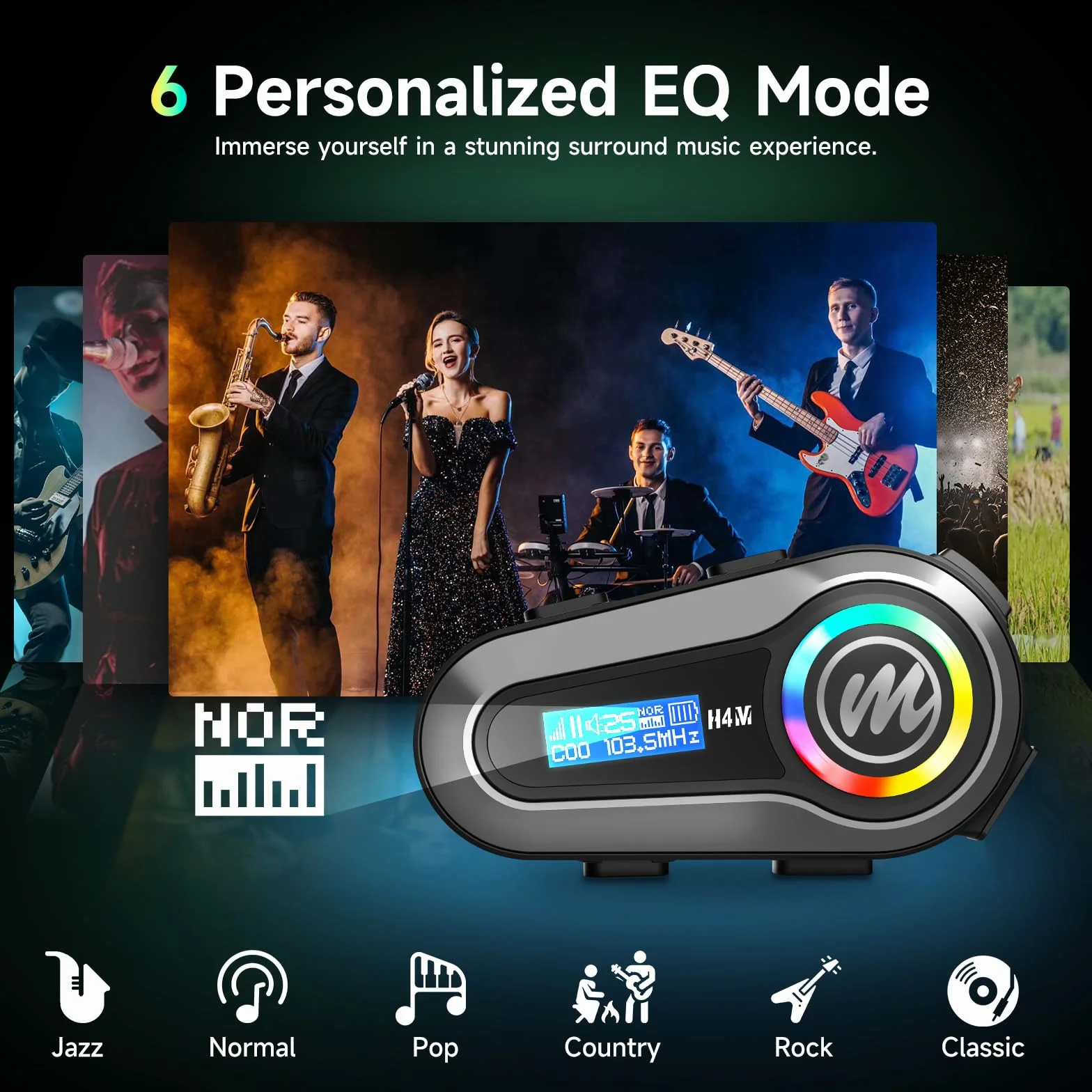 Moman H4M Motorrad Helm Headset mit LCD Bildschirm & 6 EQ-Modus, Motorcycle Helmet Kopfhörer 5.3 Chip HiFi Stereo FM Radio AI Sprachassistent IPX6 Wasserdicht