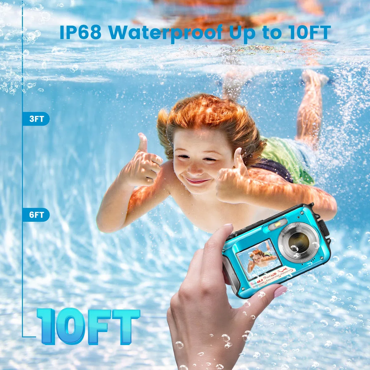 Unterwasserkamera, Full HD 2.7K 48MP Autofocus Digitalkamera 10FT Dual Screen wasserdichte Kamera Selfie Anti Shake 16X Digital Zoom Schnorcheln Digitalkamera für Schnorcheln Schwimmen, Blau