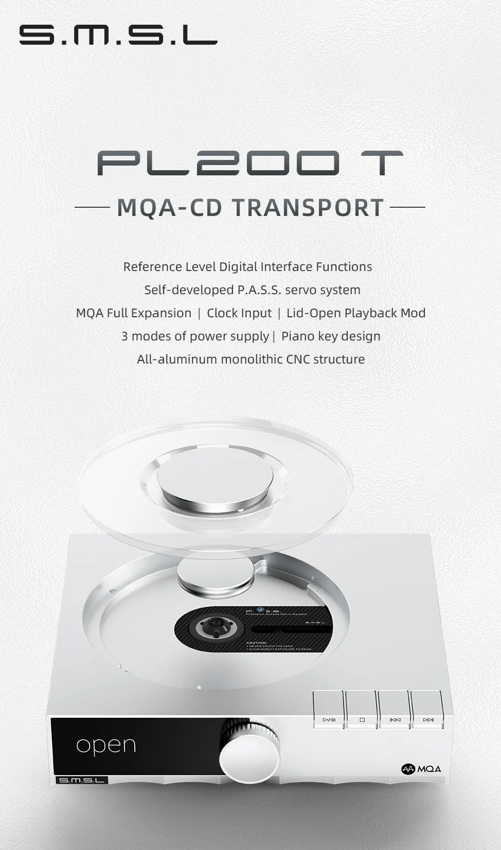 SMSL PL200T CD Player MQA-CD Transport Clock Input Output P.A.S.S. System Optical Coaxial AES I2S Output