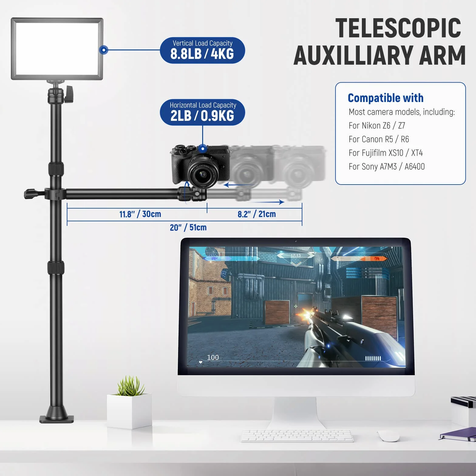NEEWER Tisch Kamerastativ mit 2 Teleskopauslegern, Telefonhalter, Kugelköpfe, Schraubadapter, Tischleuchtenstativ für Kamera, Handy, Webcam, Ringlicht, TL253A+DS001