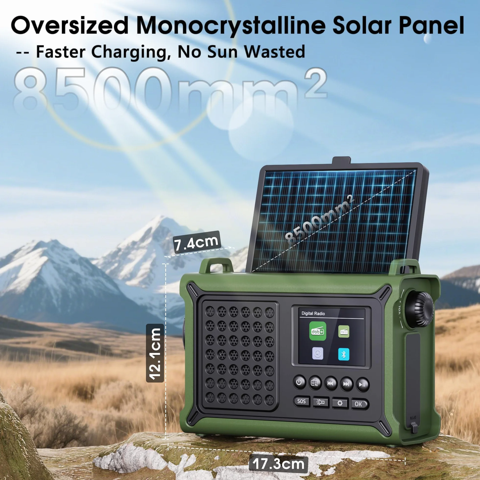 Kurbelradio DAB/DAB+/UKW mit 12000mAh Akku, Notfallradio mit 8500mm² Solarpanel, Handkurbel Blackout Notfallausrüstung, Digital Radio mit Bluetooth 5.0, Taschenlampe & Leselicht für Outdoor, Camping