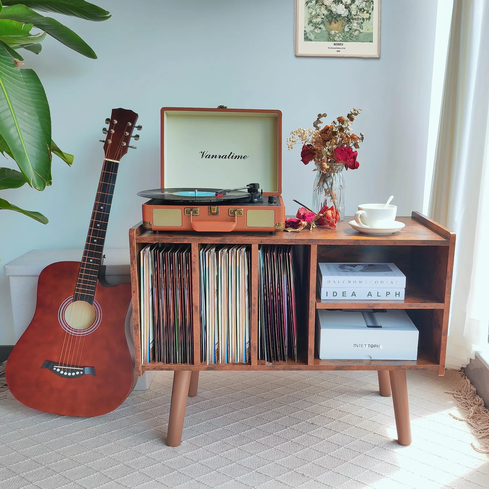 Record Player Stand with 4 Cabinet Holds Up to 220 Albums, Mid-Century Record Player Table, Black Vinyl Holder Storage Shelf for Bedroom Living Room (Brown)