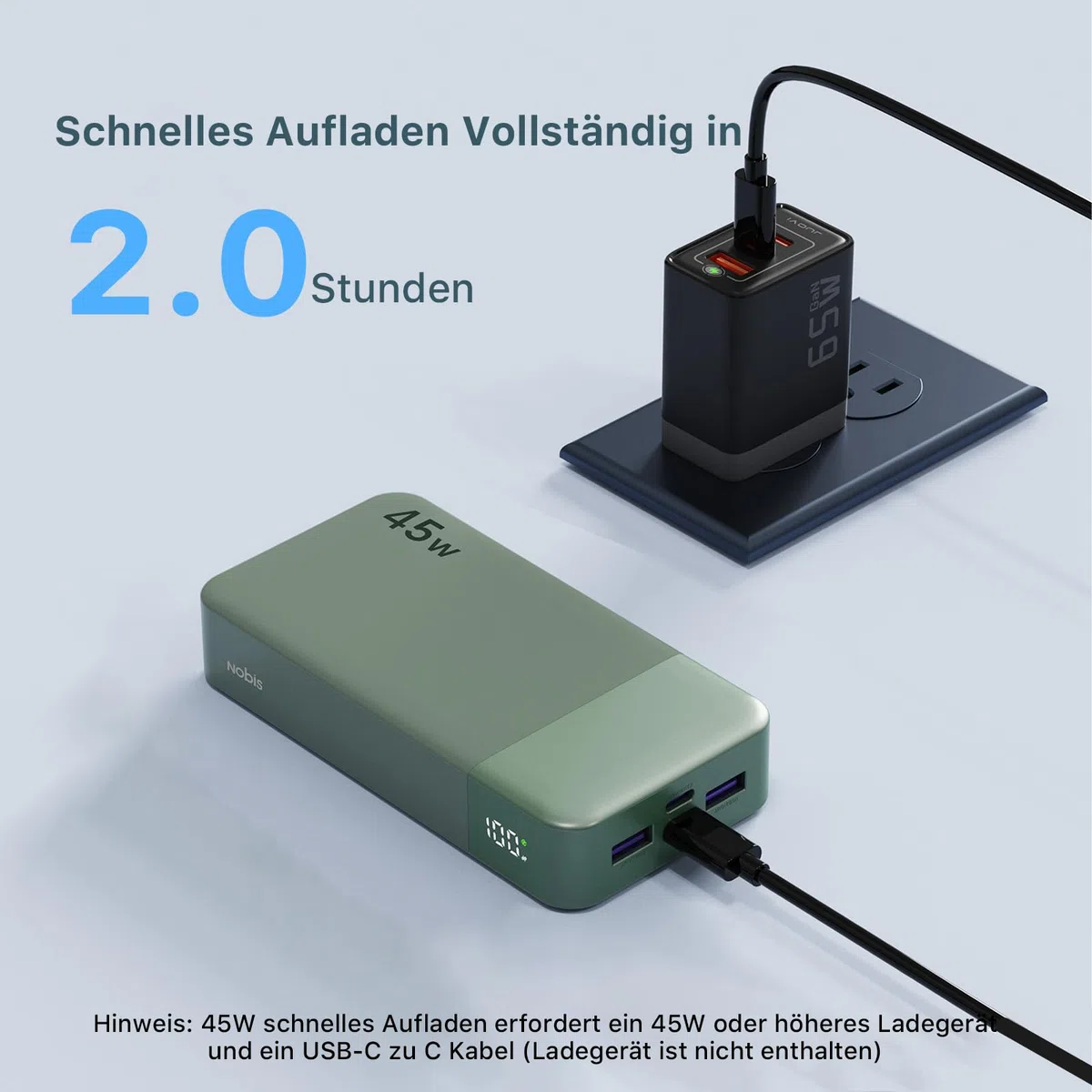 NOBIS Power Bank, Powerbank 20000mAh, 45W Externe Handyakkus Schnellladen, Externer Akku mit C zu C Kabel, Tragbares Ladegerät mit Digitalanzeige für Phone Android Laptop etc(Grün)
