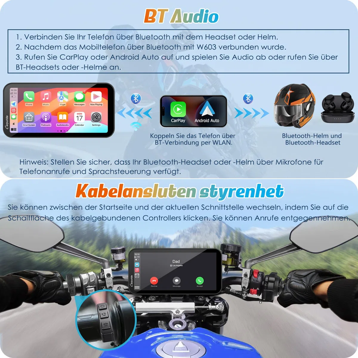 Carpuride W603 Motorrad-Carplay-Bildschirm, Kabelloses CarPlay und Android Auto für Moto, Fernbedienung, 6,3-Zoll-wasserdichter Touchscreen, BT Audio, GPS-Navigation, Siri, G00gle-Assistent