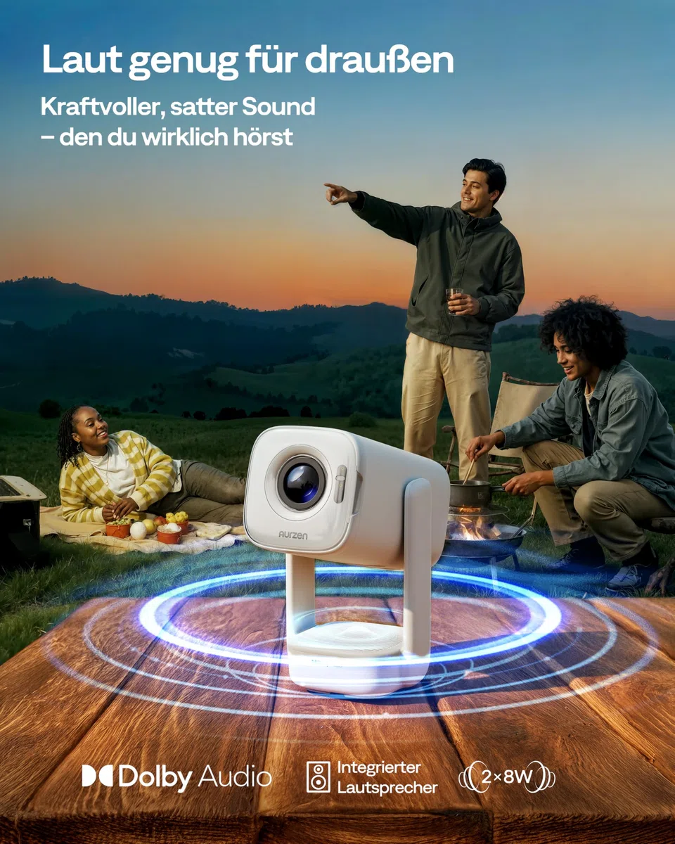 Aurzen D1 air Smart Beamer mit Netflix, 16W Dolby Audio, 1080P HDR10 4K-Unterstützung, 180° Drehbar Mini Tragbarer Projektor mit USB-C PD, TOF-Autofokus, Trapezkorrektur, Weiß