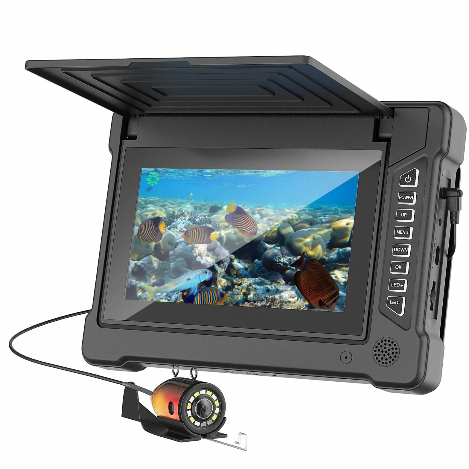 Unterwasser-Angelkamera mit 17,8 cm (7 Zoll) IPS-Display und Visier, HD-Kamera, 1200 TVL, Weitwinkel, 6 weiße LEDs + 6 Infrarot-LEDs, wasserdicht, IP68, für Eis/Meer/See