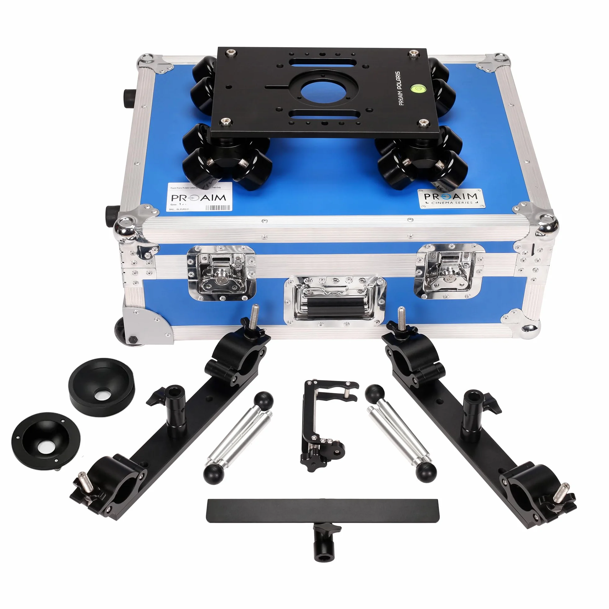Tragbarer PROAIM Polaris-Videokamerawagen mit universellen Schienenenden. Kompatibler Schienendurchmesser –1,5"–1,98". Inklusive 75-und 100-mm-Schüsseladapter. Nutzlast bis zu 200kg/440 lb(DL-PLRS-01)
