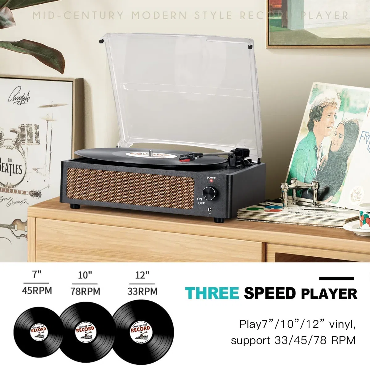 Trynnay Plattenspieler mit Lautsprecher Vinyl Schallplattenspieler Wireless LP Phonograph mit Eingebauten Stereo-Lautsprechern 3-Gang-Riemenantrieb Plattenspieler mit Lautsprechern Vintage-Kohle