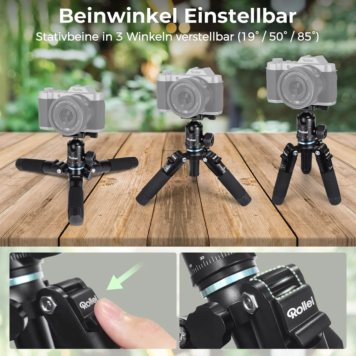 Rollei Compact Traveler Mini M1, Ministativ Kamera aus Aluminium 49cm Leichtes Desktop Reisestativ Klein mit Arca Swiss Kugelkopf Kompaktes Tischstativ für DSLR Schwarz, Stativ-Klein-Mini-Tripod