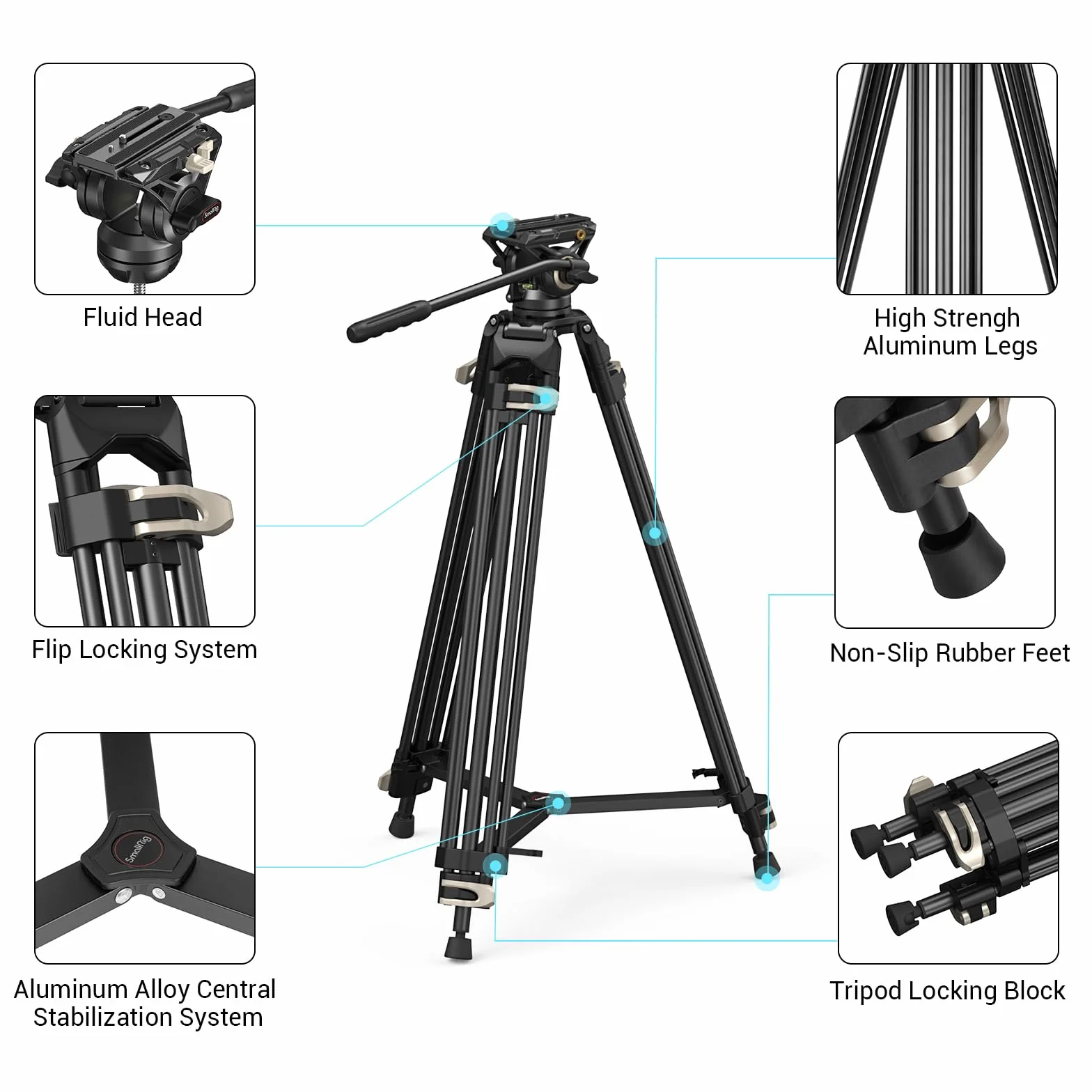 SMALLRIG Videostativ, 73-Zoll (186 cm) Heavy Duty Tripod Hochleistungs Stativ mit 360-Grad-Fluidkopf und Schnellwechselplatte für DSLR, Camcorder, Kameras, Belastbarkeit 8 kg - 3751B