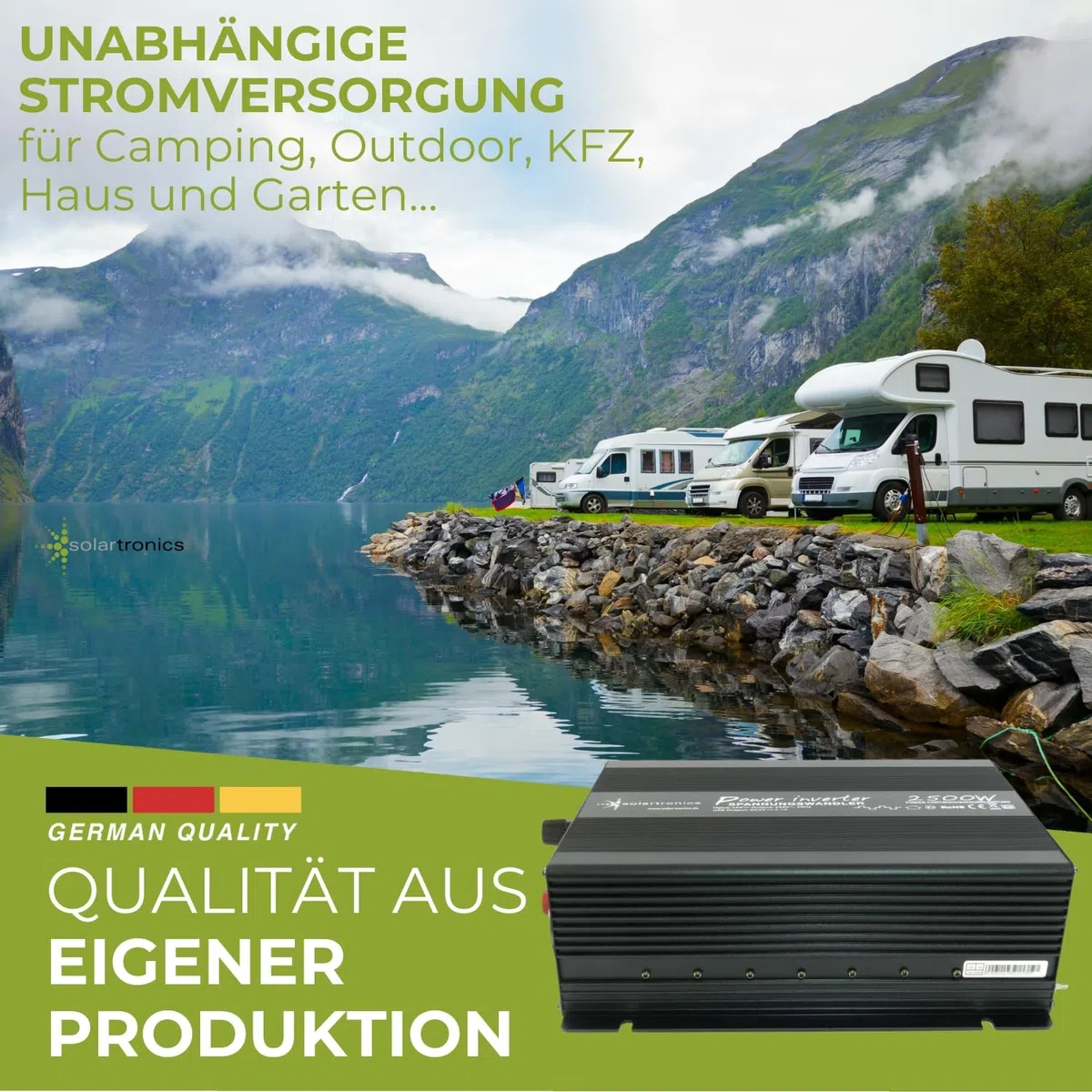 SOLARTRONICS NM2500 Spannungswandler 24V 230V modifizierter Sinus 2500W - 5000W Spitzenleistung - Wechselrichter 24V auf 230V Stromwandler mit Schuko-& USB Anschluss Solar Inverter Umwandler