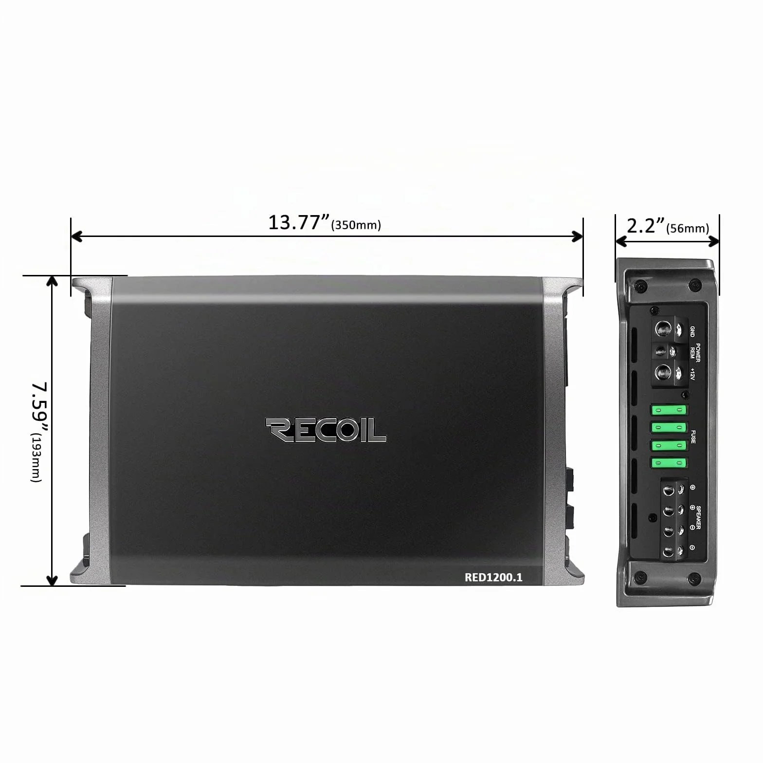 RECOIL RED1200-1 2500 Watt Class-D Car-Audio-Monoblock-Subwoofer-Verstärker, 1 Ohm stabil, Remote-Bass-Regler enthalten