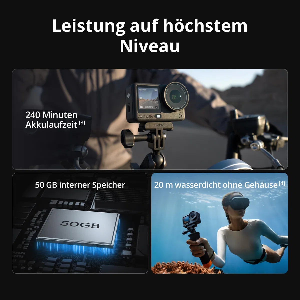 DJI Osmo Action 6 Standard Combo Unterwasser-Action-Cam 1/1,1-Zoll-Quadratsensor 50 GB Speicher Variable Blende f/2,0 bis f/4,0 kältebeständig 4 Std. Akkulaufzeit 8K