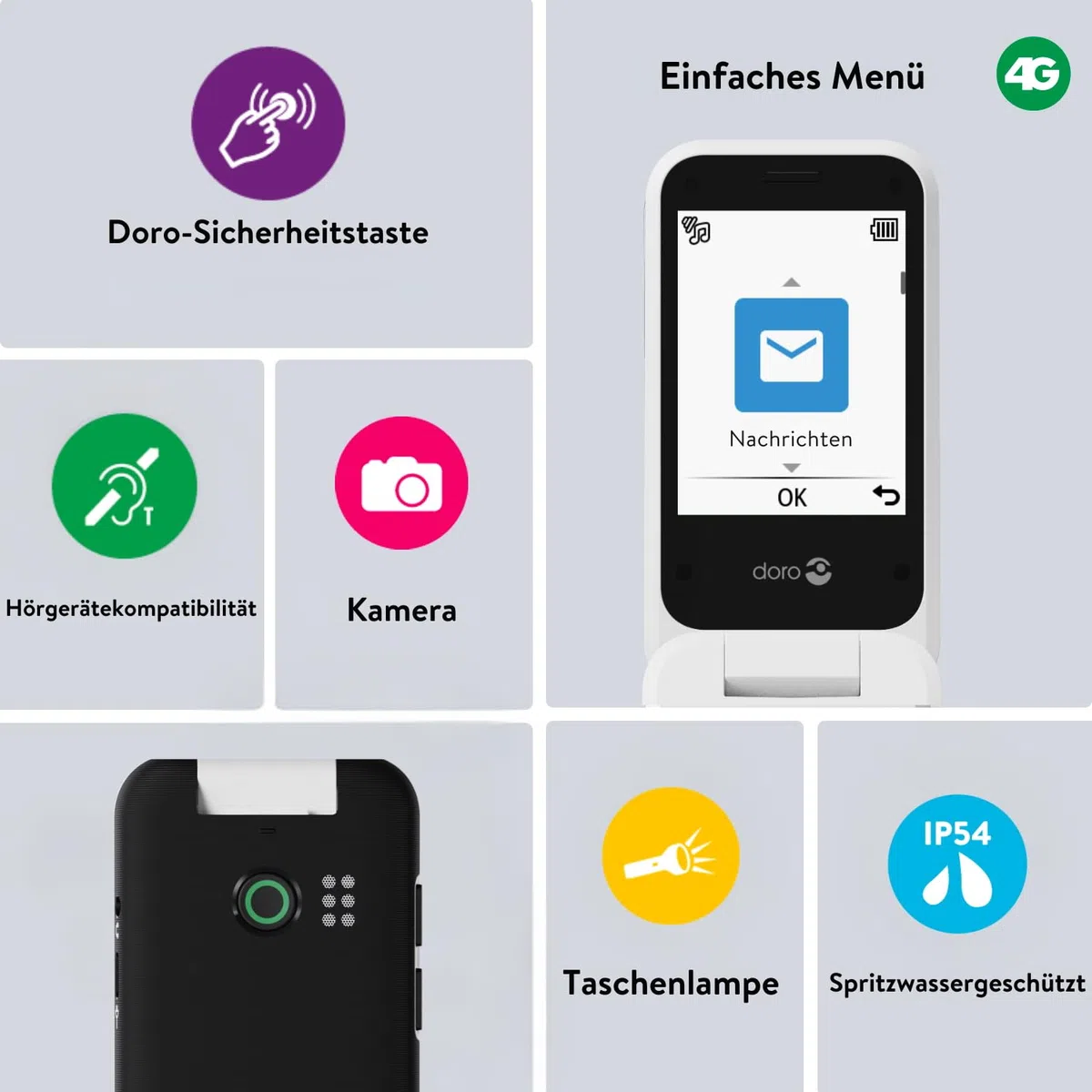 Doro Leva E30 - 4G Klapptelefon für ältere Menschen - Großer 2,8-Zoll-Bildschirm, externes Display, kontrastreiche Tasten, lauter & klarer Klang, Kamera - Doro Secure-Taste - Ladeschale - Schwarz/Weiß