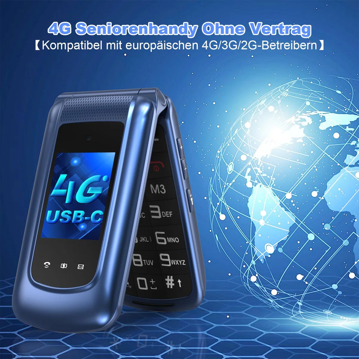 4G Klapphandy Seniorenhandy mit Großen Tasten Handy, Dual-SIM Flip Mobiltelefon mit Ladestation | SOS Notruffunktion | Kurzwahl | Taschenlampe | FM-Radio | 2,4+1.77 Zoll Dual Farbdisplay | Blau