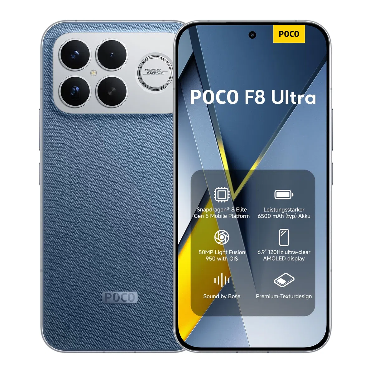 Xiaomi Poco F8 Ultra Smartphone 16+512 GB Android 6.9" 120Hz AMOLED Display 50MP Light Fusion 950 OIS Sound by Bose 6500mAh Denim Blue