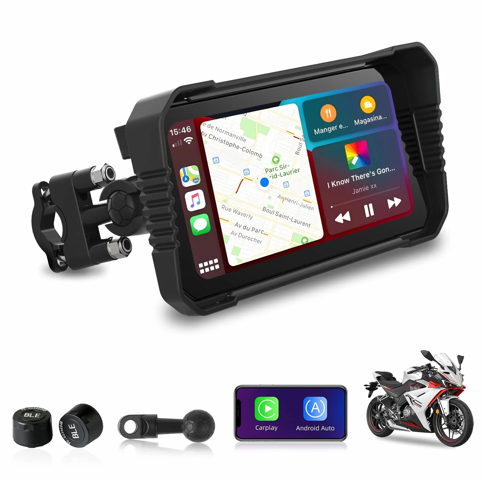 Jansite 6,25 Zoll Motorrad Carplay Display mit TPMS, Motorrad Navigationsgeräte Android Auto IP67 Wasserdichter Motorräder Display mit Bluetooth Sprachassistenten