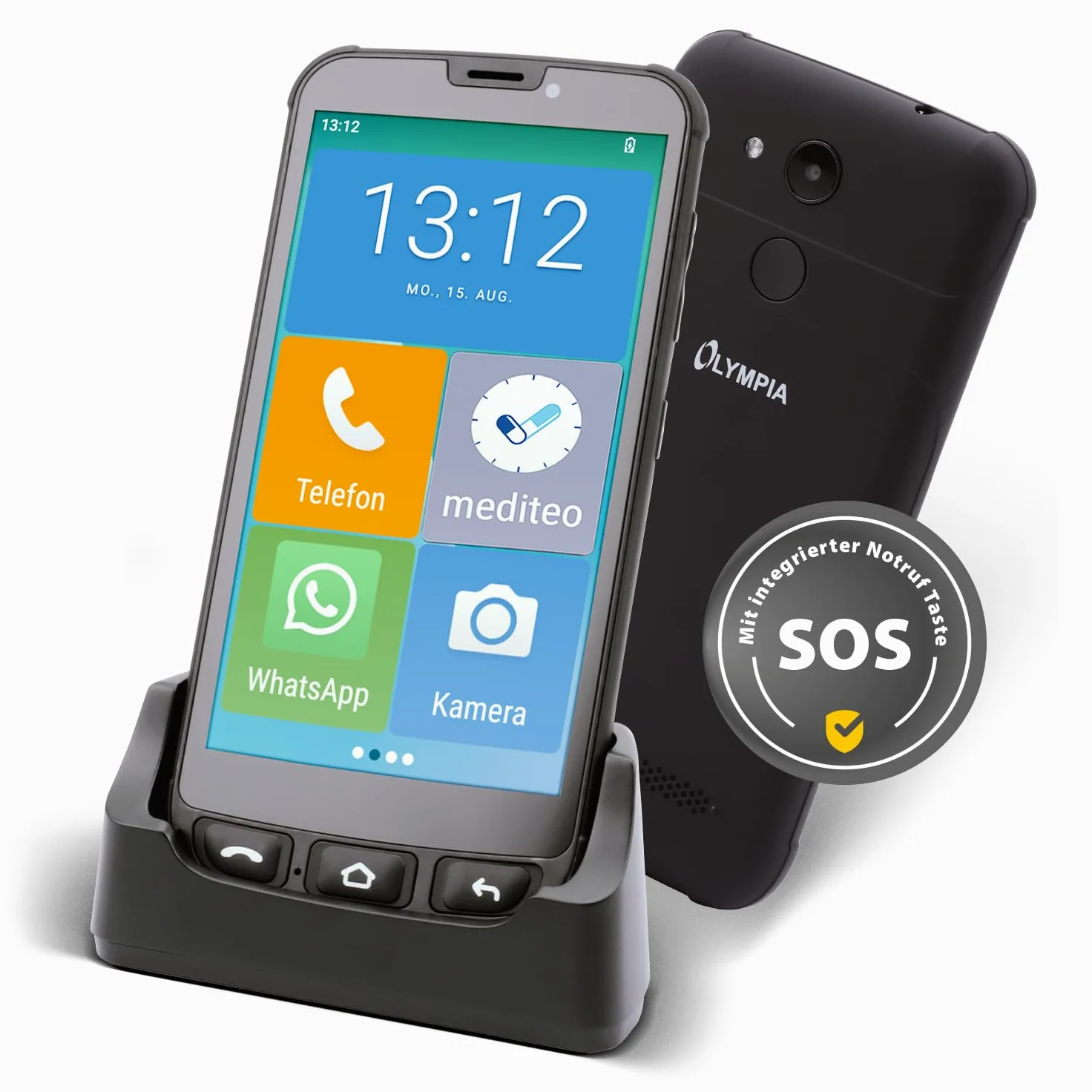 Olympia NEO Mini+ Seniorenhandy | 5" Senioren Smartphone mit Notruftaste & großen Icons | Extra einfache Bedienung | Übersichtliche Menüführung | Senioren mit Whatsapp | Android 15 | 4G LTE Dual SIM