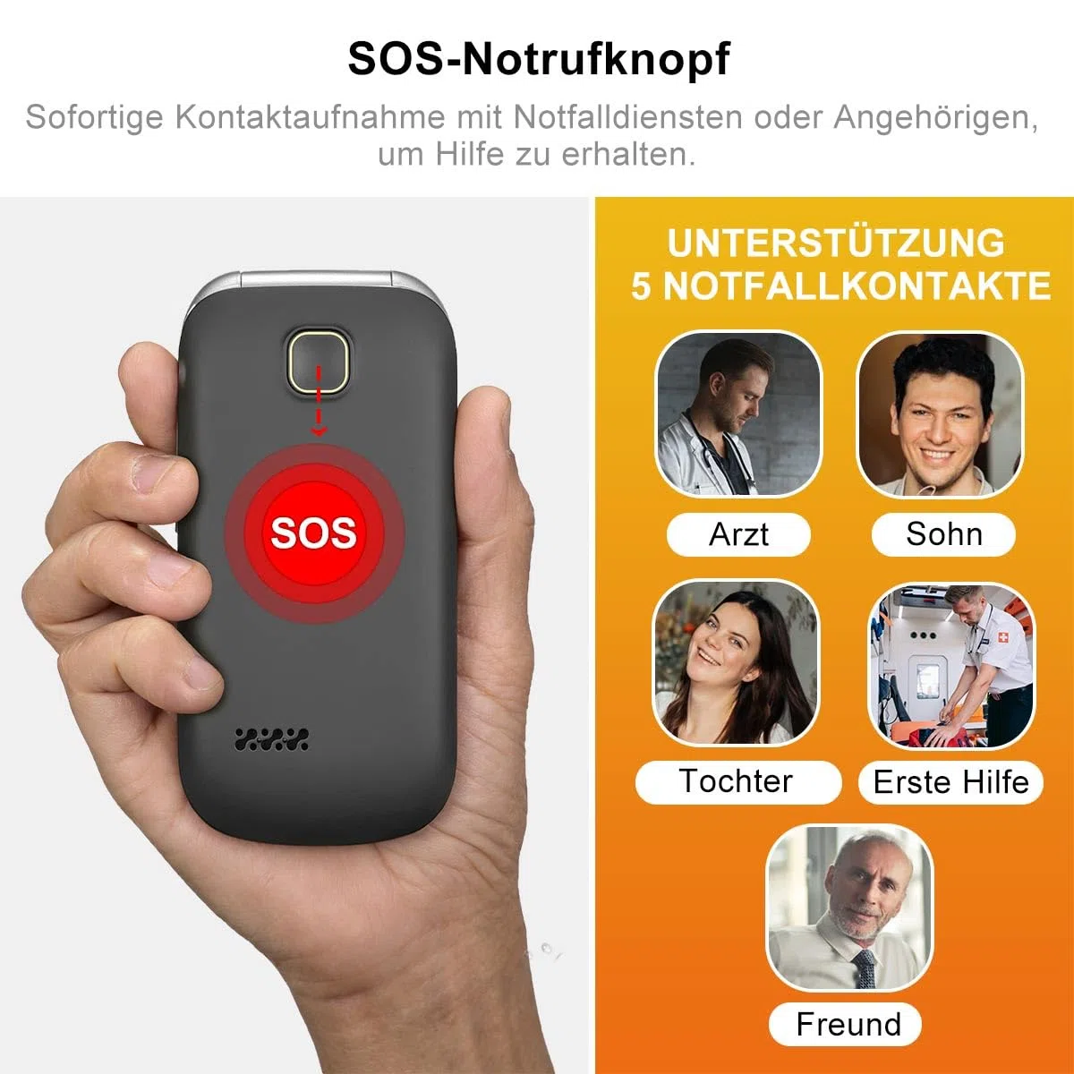 4G Seniorenhandy Klapphandy ohne Vertrag, Großtasten Handy für Senioren mit SOS Notruffunktion, Einfach zu bedienen, 2,4+1,44 Zoll Dual Display, Ladestation, FM Radio