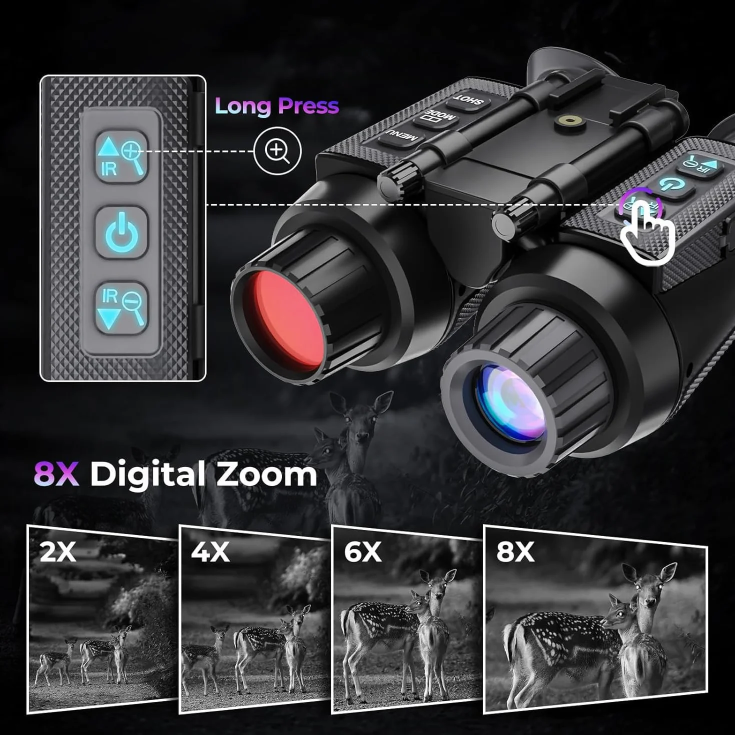 Nachtsichtgerät mit 3D-Vision-Effekt Infrarot Digital 8X Zoom Völlig Unabhängig Einstellbare Nachtsichtbrille Jagdfernglas für Erwachsene Nachtsicht und Tag Militär Freihändiges NGV für Helm