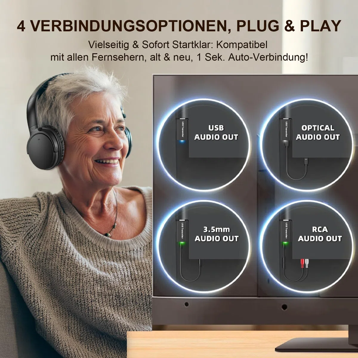 Kabellose TV-Kopfhörer für Senioren AptX Low Latency Over-Ear Headset mit USB-Sender Lauter & Klarer 20 Stunden Spielzeit