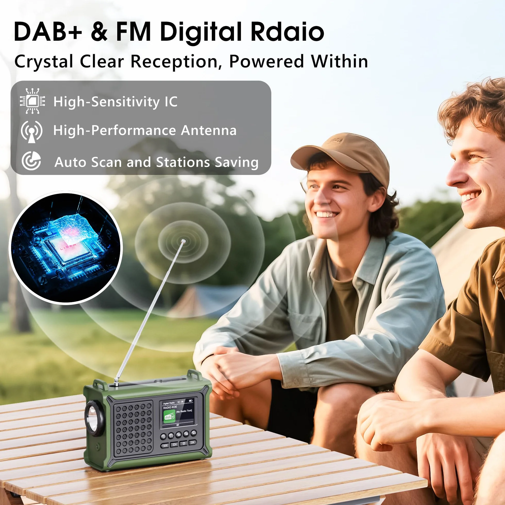 Kurbelradio DAB/DAB+/UKW mit 12000mAh Akku, Notfallradio mit 8500mm² Solarpanel, Handkurbel Blackout Notfallausrüstung, Digital Radio mit Bluetooth 5.0, Taschenlampe & Leselicht für Outdoor, Camping