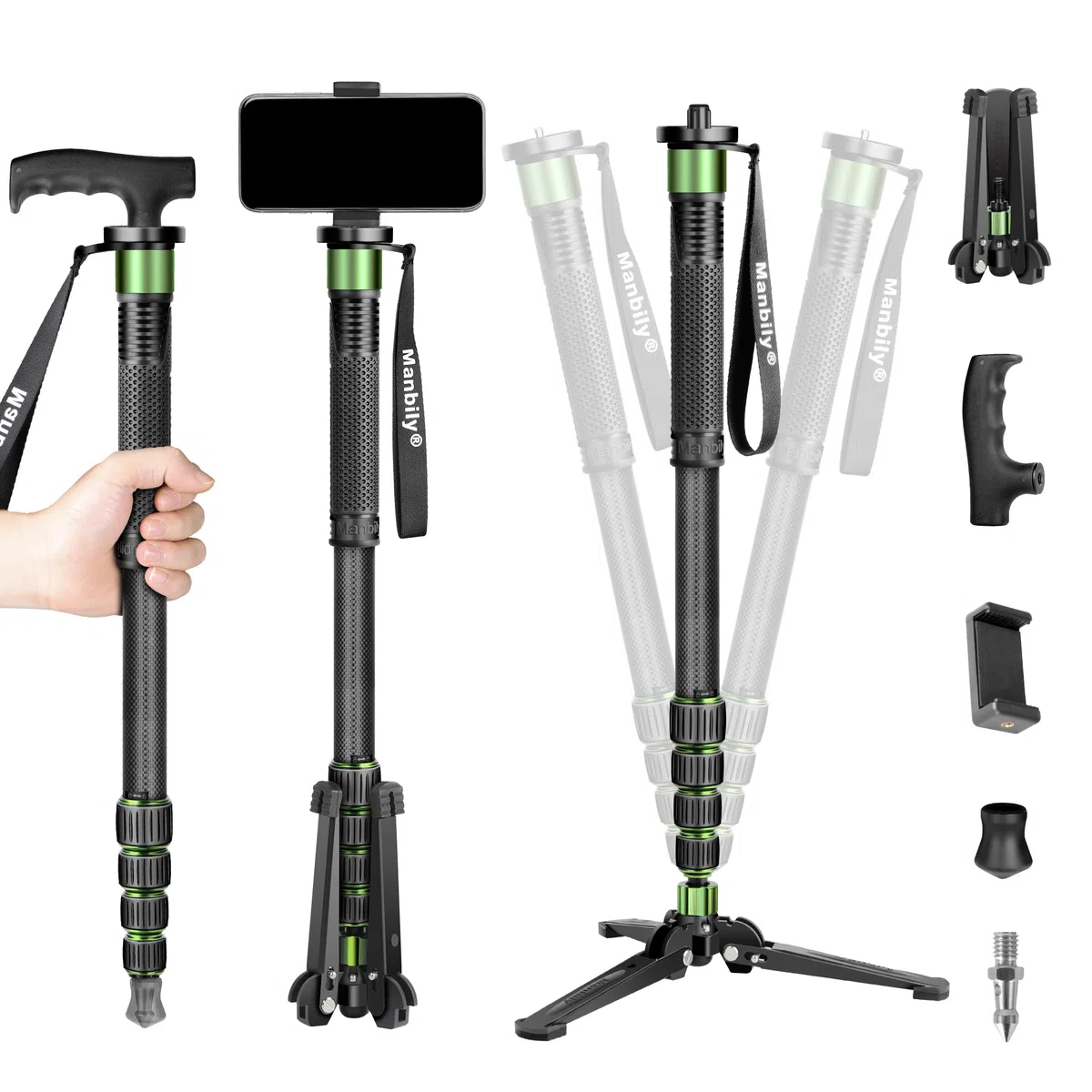 Manbily G-333 Kohlefaser Kamera-Einbeinstativ mit Standfuß Sockel & Gehstockgriff, 5 Abschnitte bis zu 180cm, Wanderstöcke Reise-Einbeinstativ Kompakt Leicht mit füßen Max 10KG DSLR Kamera Videokamera