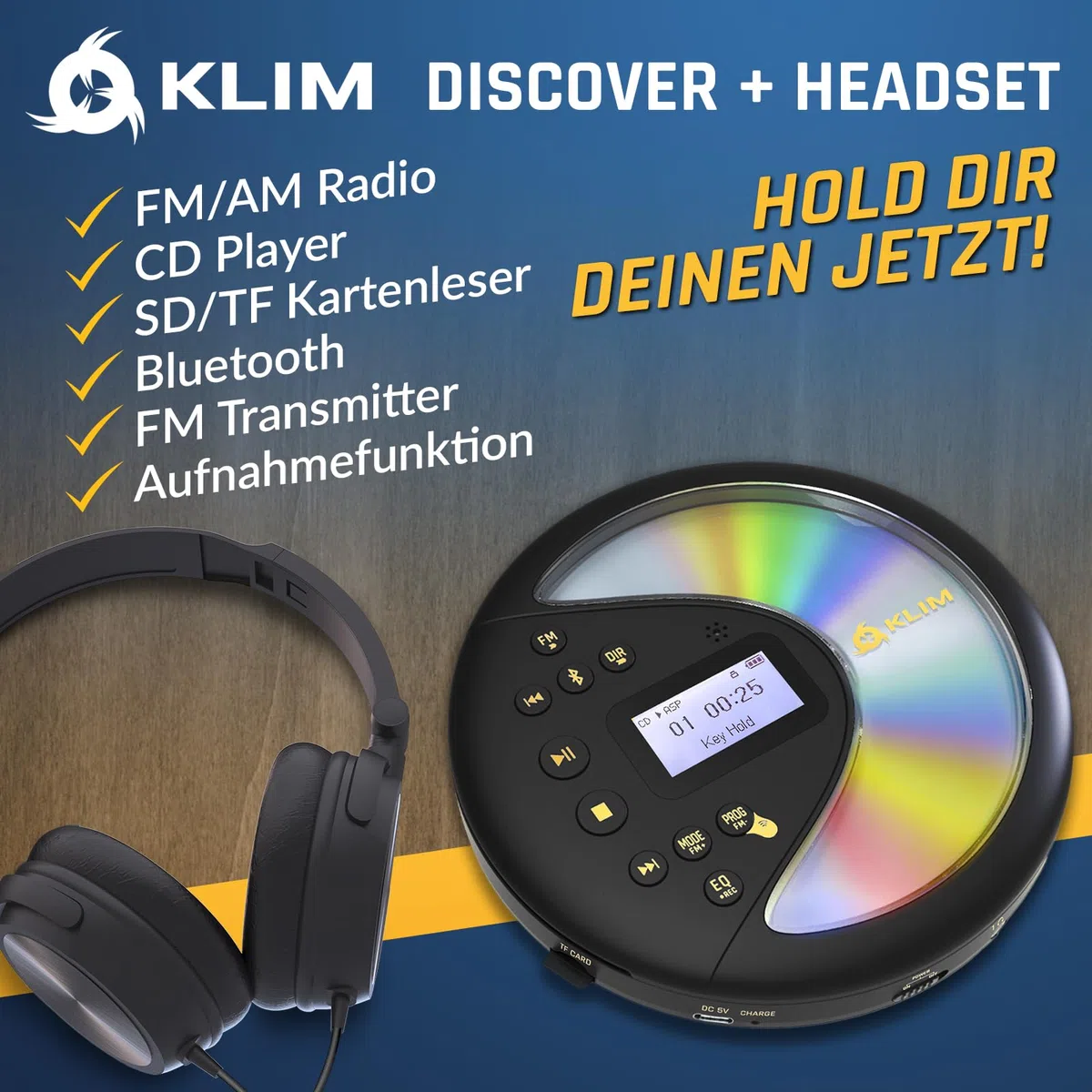 KLIM Discover Mit Kopfhörern - Tragbarer CD-Player mit langlebigem Akku - Kompatibler MP3-CD-Player - SD-Karte, FM-Transmitter, Bluetooth - Ideal für Autos - Portable CD Player - Schwarz/Gold