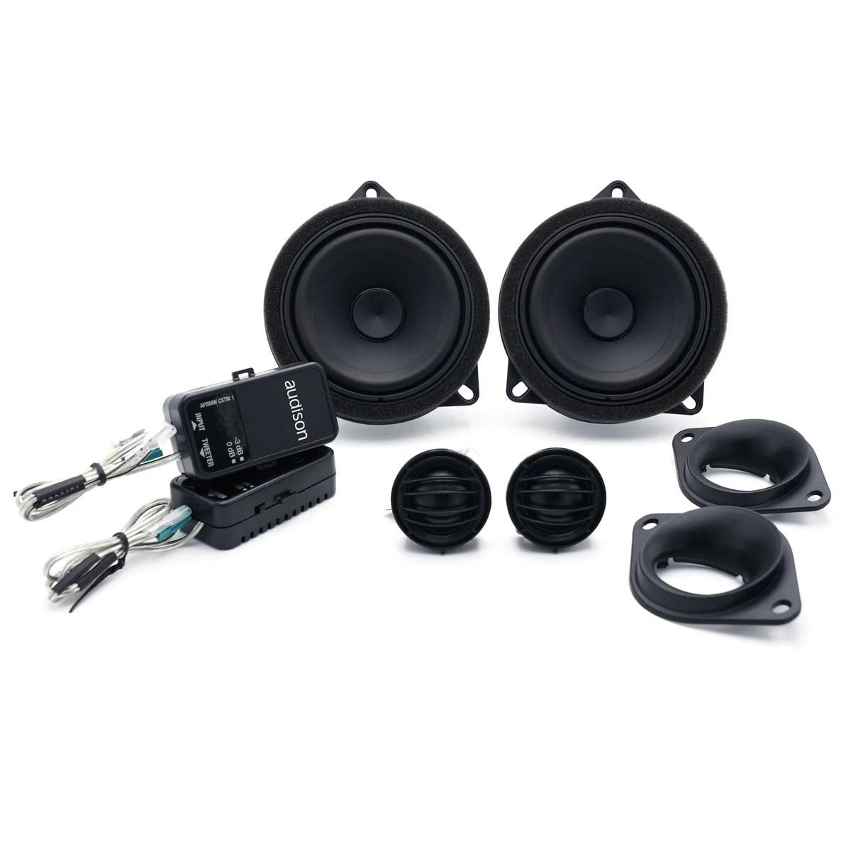 Audison APBMW K4E – 2-Wege Plug & Play Audiosystem für BMW und Mini mit 25 mm Hochtöner, 100 mm Mitteltöner, dedizierter Frequenzweiche und Montagezubehör, kompatibel mit Large Basket, 100W max