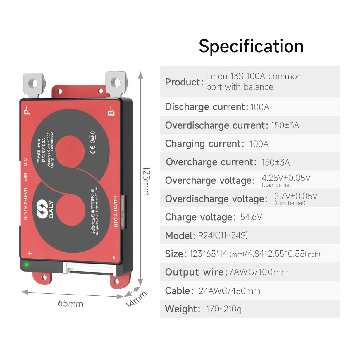 DALY Smart 13S BMS 48V 100A mit WiFi Modul und CAN 485 Kommunikationsschutzplatine für Li-Ion Lithium Batterie Pack(13S 48V Smart BMS+RS485+CAN+WiFi Modul，100A)
