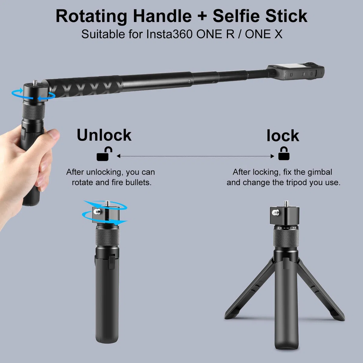 PULUZ Insta 360 Bullet Time Selfie-Stick-Set für Insta360 X3 X4 X5 ONE X2, 114 cm unsichtbares Selfie-Stick-Einbeinstativ & Mini-Stativ für Kamera mit Dual-1/4-Schrauben für GoPro Hero 12 11 10 8 7 6