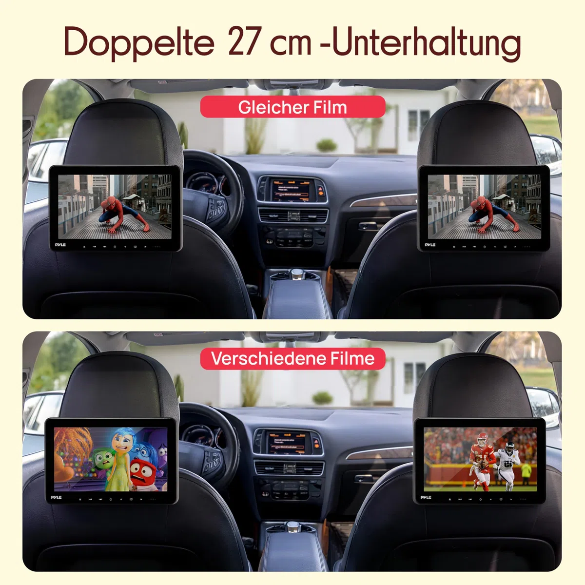 Pyle DVD Player Auto - 2 Kopfstützen Monitore 10,5" (27 cm) für Rücksitz - HDMI Auto Fernseher für Kinder mit Kopfhörer, USB SD AV In/Out