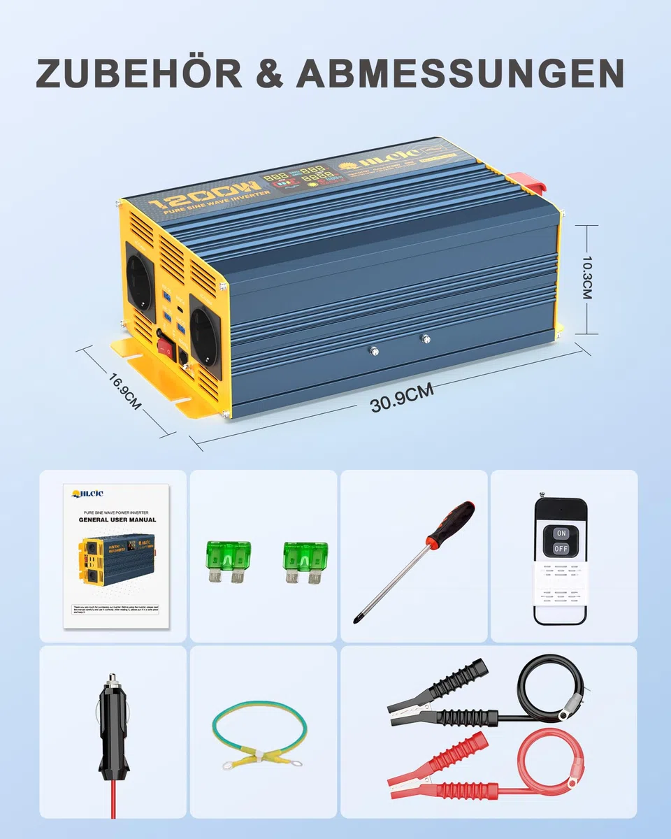Spannungswandler 1200W/2400W Reiner Sinus- Wechselrichter 12V auf 230V