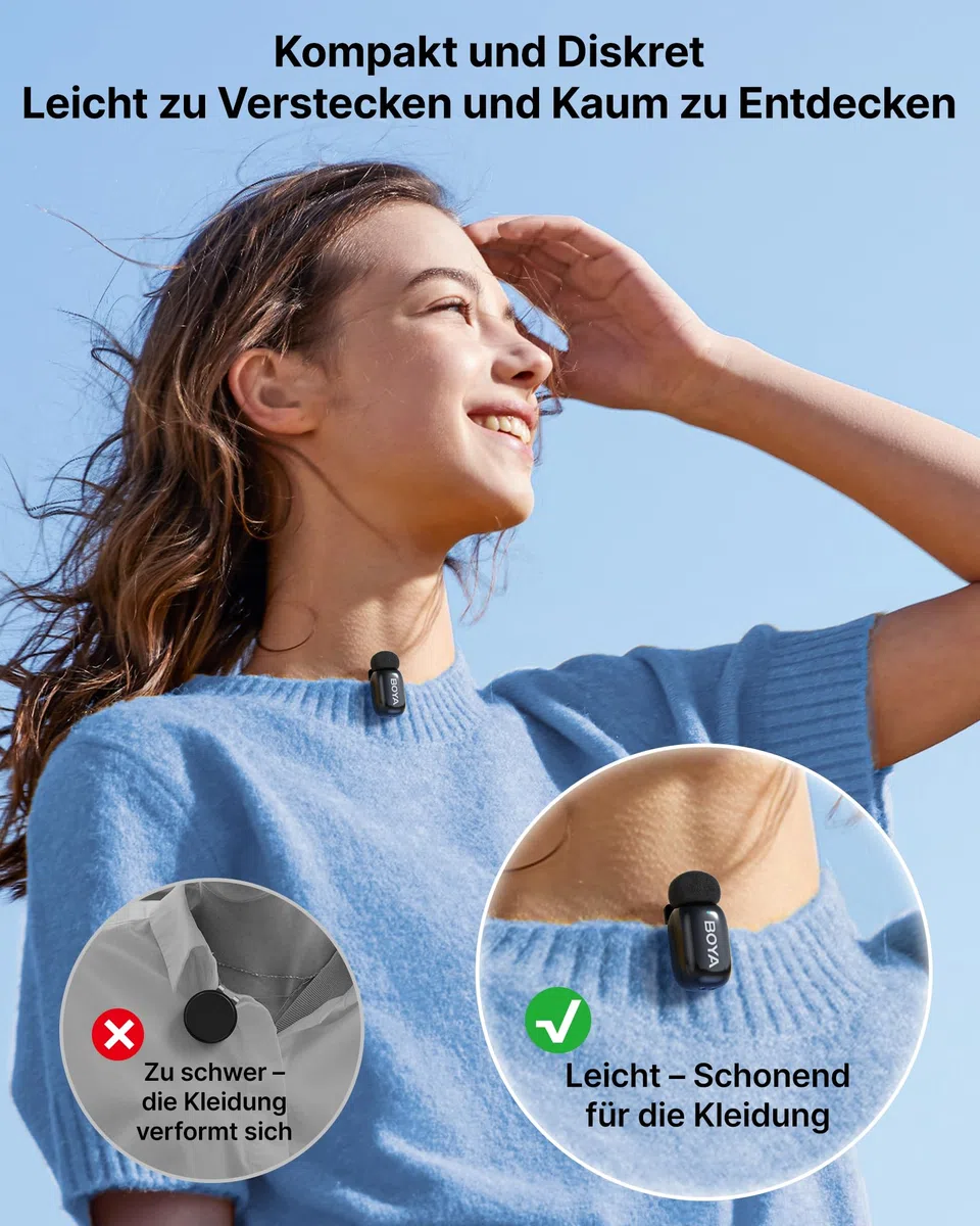 BOYA MINI Mikrofon Handy (2 Sender + 1 USB-C Empfänger + Ladeschale), 5g Ultraleicht, 48 kHz 24 Bit, Ansteckmikrofon, Kabelloses Lavalier-Mikrofon für iPhone, Android, Vlog, Rauschunterdrückung