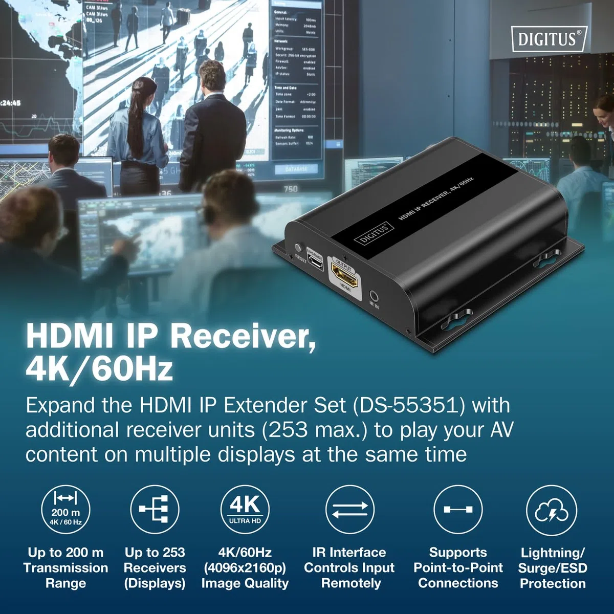 DIGITUS HDMI IP Extender Receiver DS-55351 UHD 4K 60Hz HDMI 2.0 200m Reichweite CAT 6 Schwarz