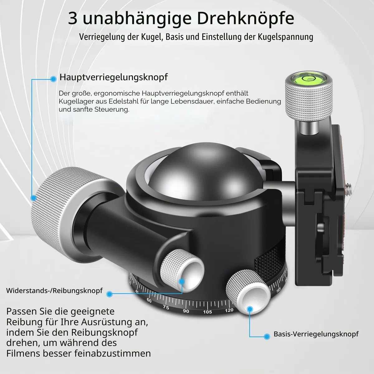 55mm Low Profile Kugelkopf, ARTCISE KB55 Heavy Duty Stativkopf aus Vollmetall mit DREI 1/4" Schnellwechselplatten für Stativ, Einbeinstativ, DSLR, Camcorder, maximale Belastung 40kg.