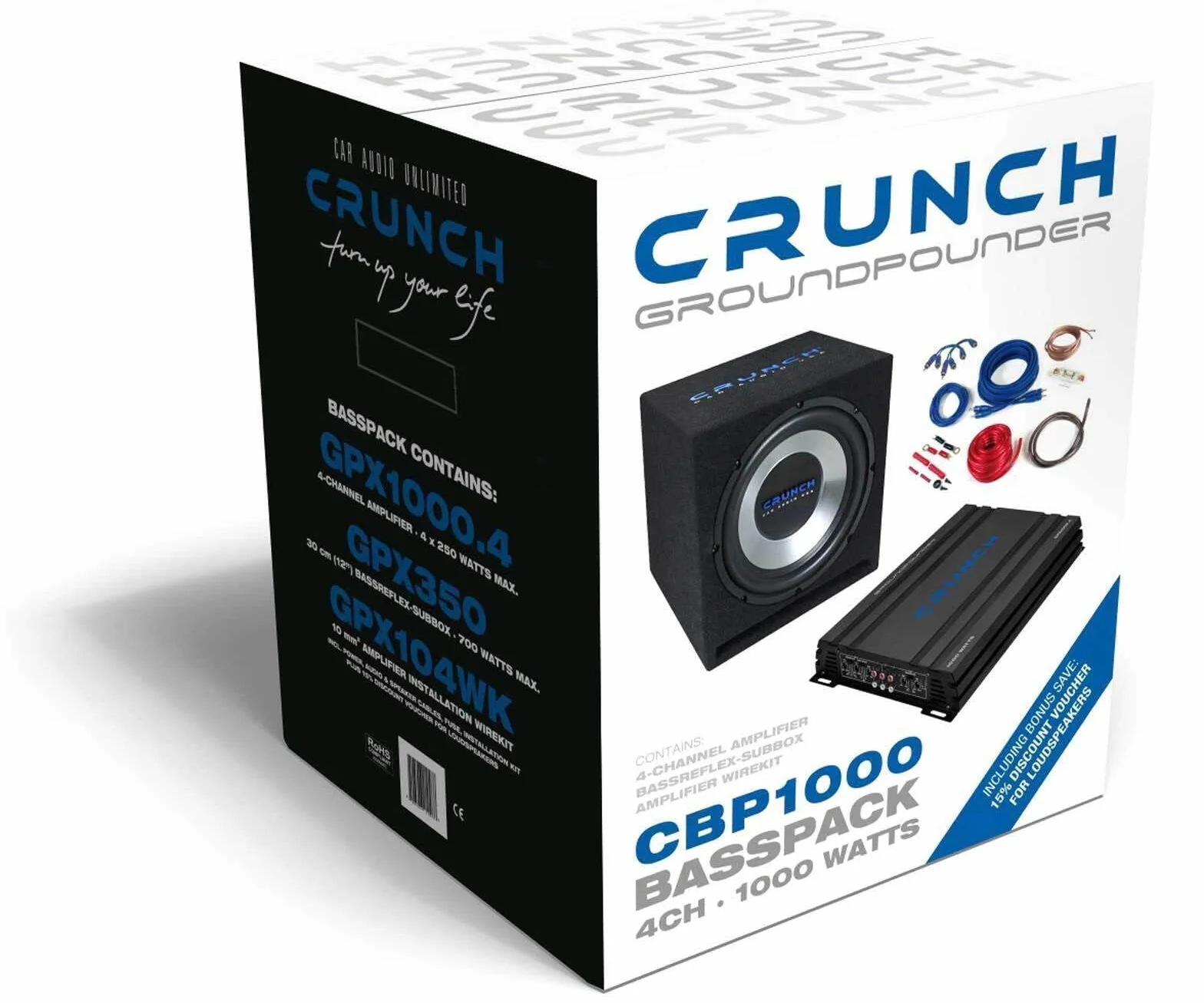 Crunch CBP1000 Bass Pack für Auto mit 30cm Subwoofer 4-K Verstärker & Kabel-Kit - 300mm Subwoofer im Gehäuse