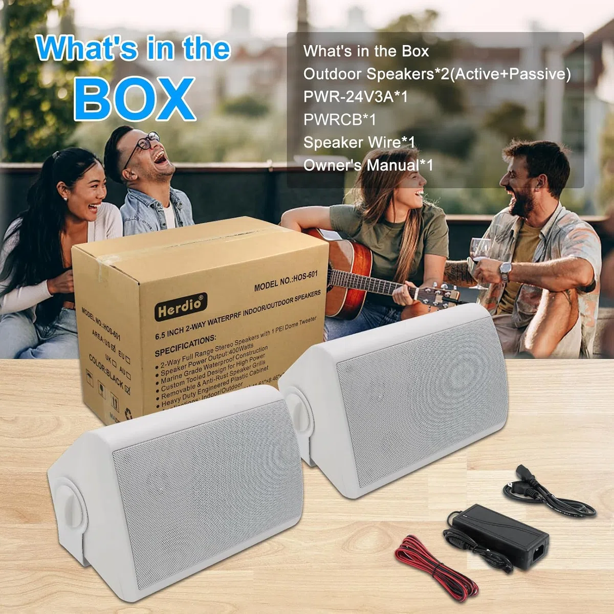Herdio 6,5 Zoll 400 Watt Bluetooth Outdoor-Lautsprecher Wasserdicht Außenlautsprecher für Garten,Terrasse, Restaurant (Weiß)