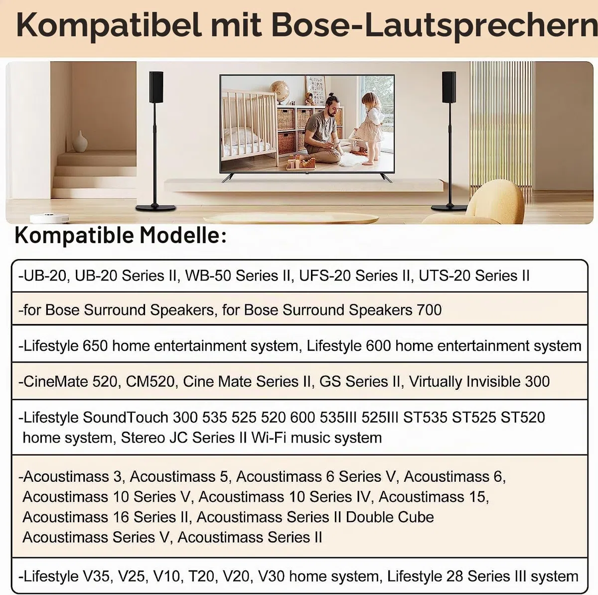 Höhenverstellbarer Ständer für Bose-Lautsprecherständer mit Slideconnect Halterung, für Bose Surround Lautsprecher, Surround 700, OmniJewel Lifestyle 650, CineMate GS Serie II, für Bose OmniJewel