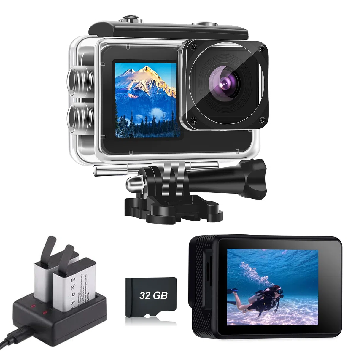 Xilecam Dual Screen Action Cam 1080P 32 GB Karte wasserdichte Kamera wasserdichte Unterwasserkamera mit 2 x 1050 mAh Akku （Schwarz）