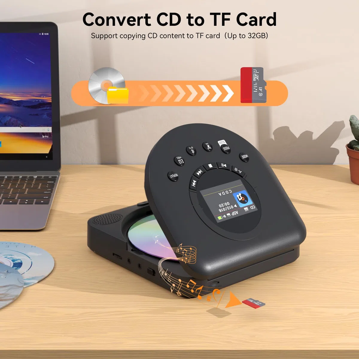 MONODEAL CD Player Tragbar mit TFT Display und Sleep Timer, Integriertes FM-Radio, 2025 Tragbarer CD Player Bluetooth, Wiederaufladbar Discman CD Player mit Lautsprecher und FM Transmitter, Anti-Skip