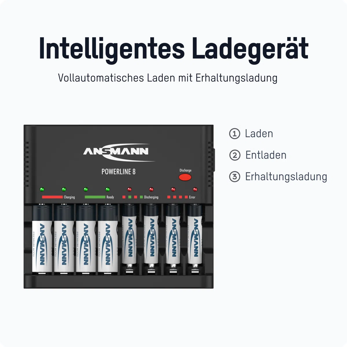 Powerline 8 Intelligentes Schnellladegerät für AA/AAA Akkus mit LED-Anzeige Defekterkennung und Überladeschutz