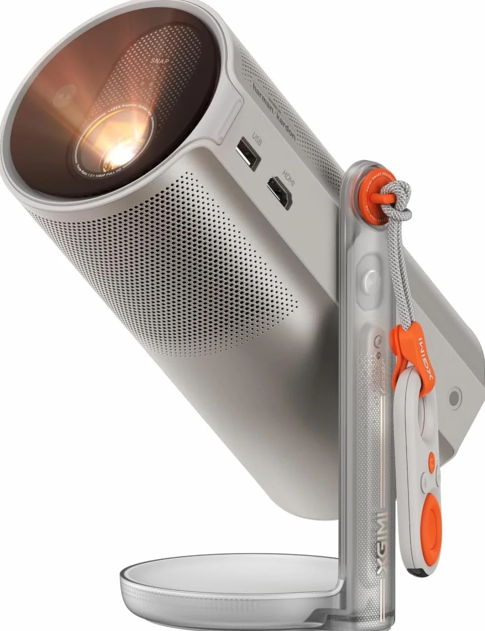 XGIMI MoGo 4 Laser Beamer, 550 ISO-Lumen, Mini Projektor mit 360° Ständer, 2,5 Std Akku, Google TV, Harman Kardon
