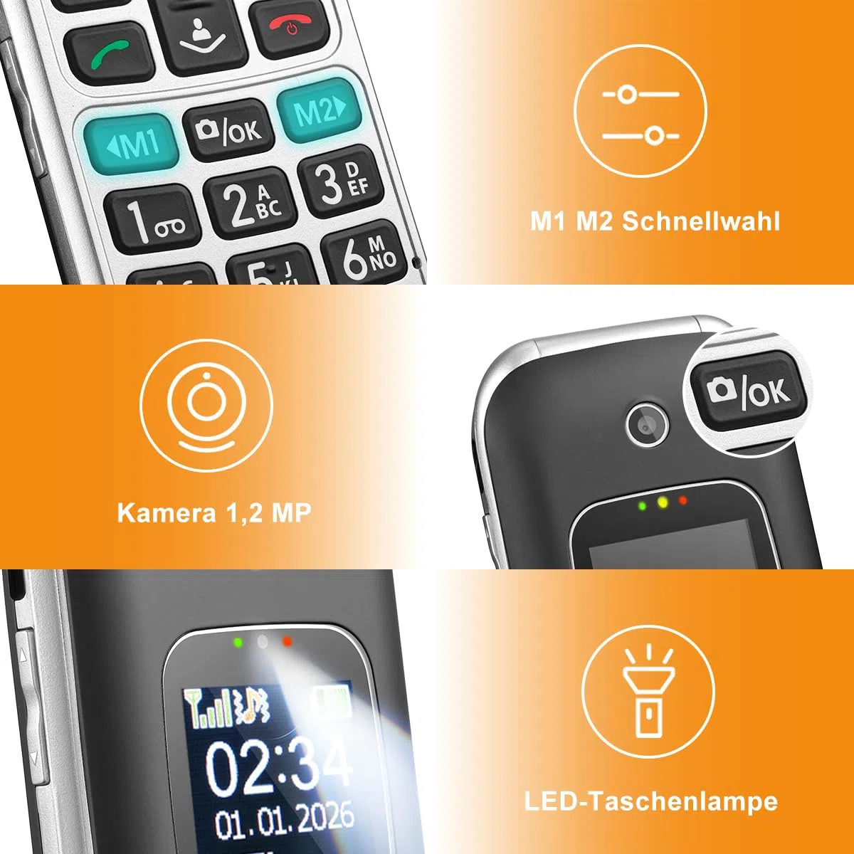 4G Seniorenhandy Klapphandy ohne Vertrag, Großtasten Handy für Senioren mit SOS Notruffunktion, Einfach zu bedienen, 2,4+1,44 Zoll Dual Display, Ladestation, FM Radio