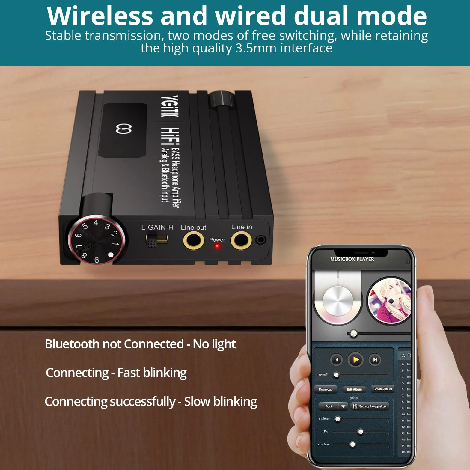 HiFi Kopfhörerverstärker Bluetooth Tragbar BASS 3,5-mm zweistufiger Verstärkungsschalter 16-600Ω Wiederaufladbar Audio Verstärker Schwarz