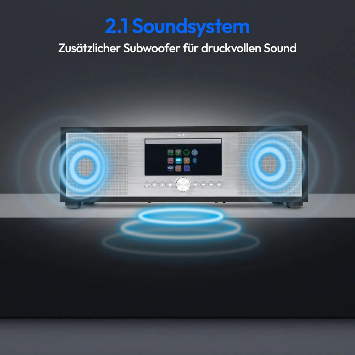 MEDION P66400 Stereoanlage (Internetradio, DAB+, CD/MP3-Player, Spotify Connect, Amazon Music, PLL UKW Radio, USB, AUX, Kompaktanlage, Subwoofer Weckfunktion, Sleep Einschlafautomatik) Silber