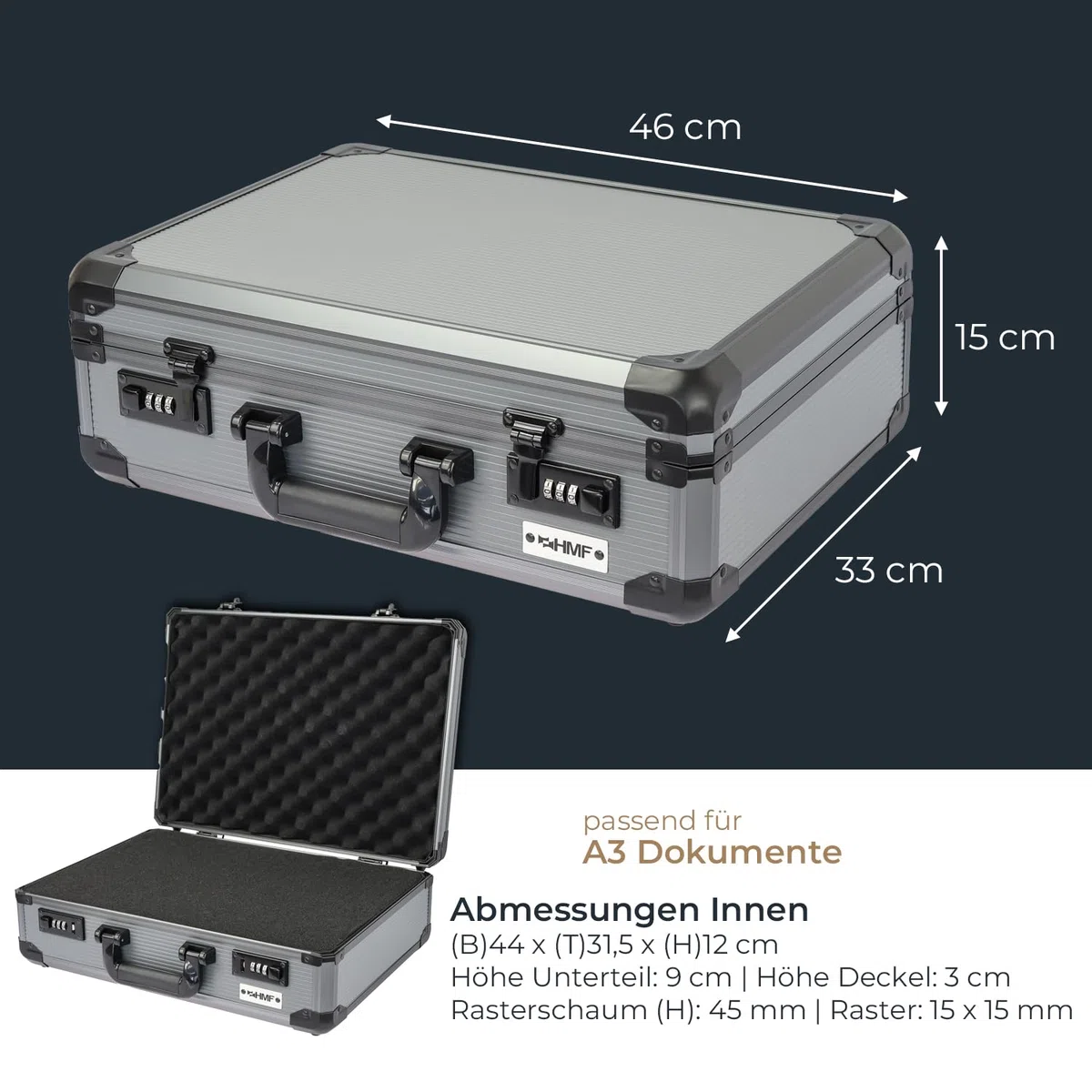 HMF 14402-02 Alu Fotokoffer, Waffenkoffer mit Rasterschaumstoff | 46 x 33 x 15 cm