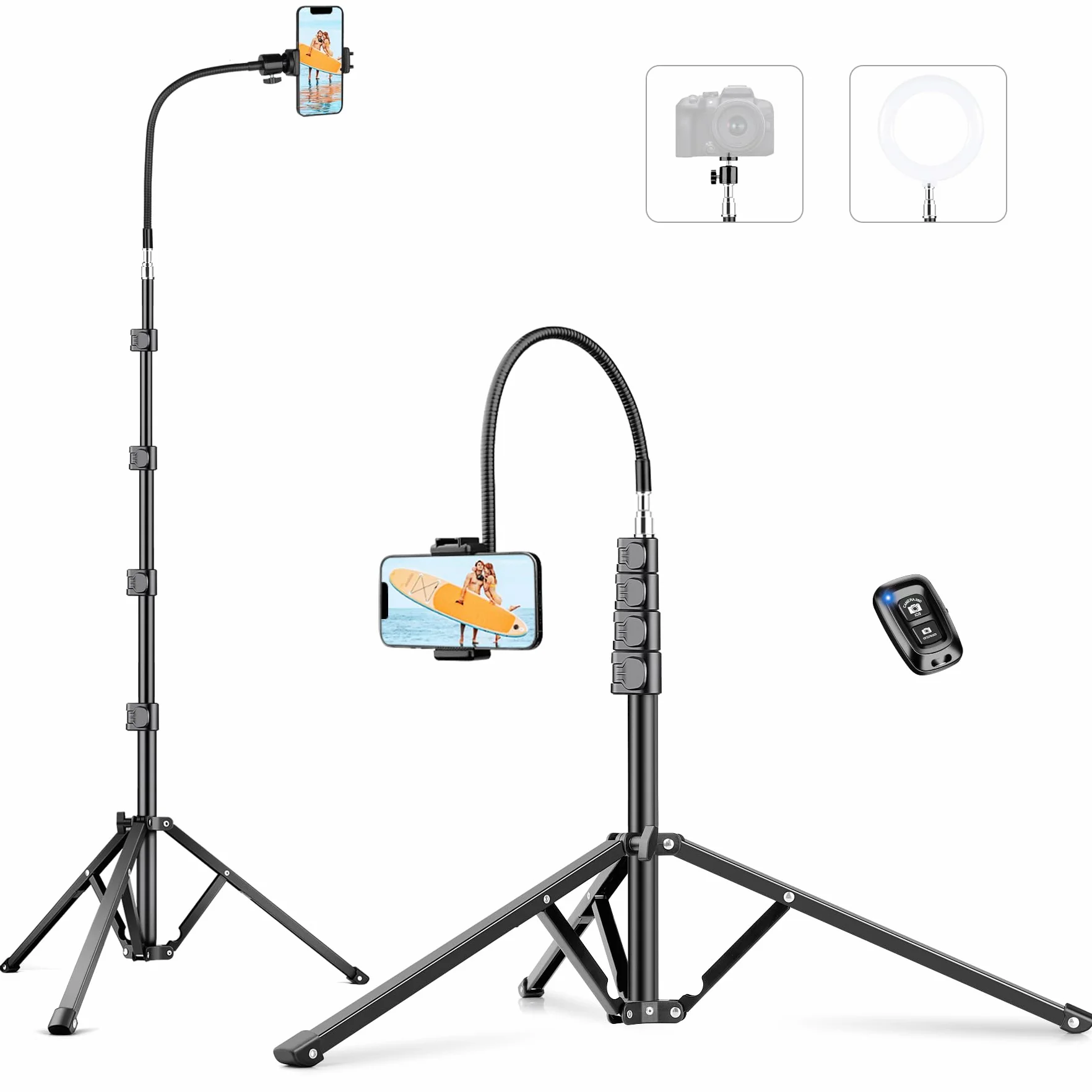 Victiv 224cm Hoch Handy Stativ, Schwerlast Flexibel Overhead Stativ für Kamera mit 35cm Verstellbarer Schwanenhals, Aluminium Kamera Phone Stative für Canon DSLR & iPhone17 16 15 Pro Max Min, Samsung