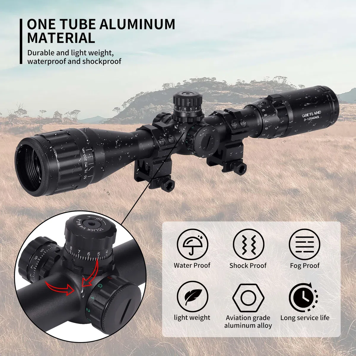 Goetland Gewehr Zielfernrohr 3-12x40 AO Airsoft Rot Grün Fadenkreuz mit Montage Ringe SFP für Taktische Jagd Armbrust Luftgewehr Sportschützen