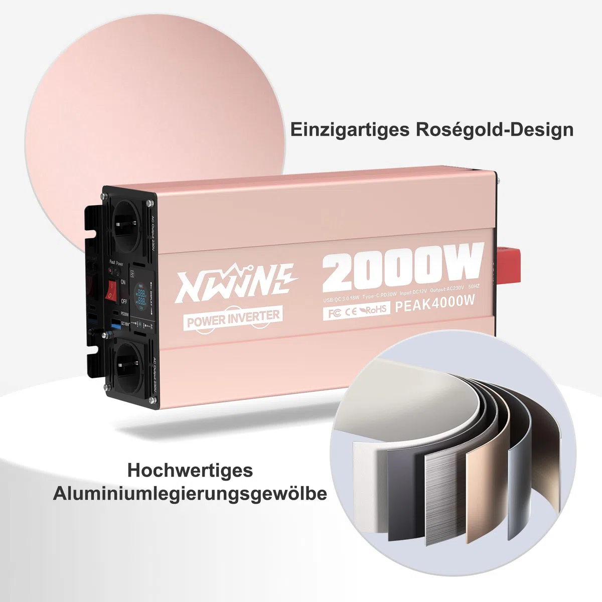 XWJNE Spannungswandler 12V auf 230V, 2000W Reiner Sinus Wechselrichter mit AC-Steckdose, USB-A & USB-C, LCD-Display, für Auto, Wohnmobil & LKW